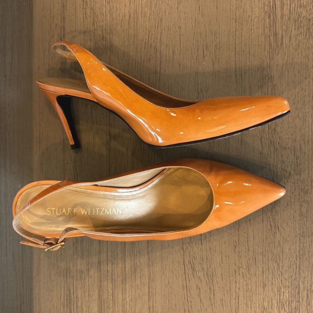 Stuart‎ Weitzman Wom 8.5 Warm Tan Patent Leather Slingback Pump Pointed Toe Heel